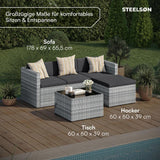 STEELSØN Zethora Rattan Gartenmöbel Set 3-TLG. – Outdoor Sitzgruppe für Garten/Terrasse/Balkon – Gartenlounge mit 3er-Sofa, Hocker & Tisch –