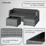 STEELSØN Zethora Rattan Gartenmöbel Set 3-TLG. – Outdoor Sitzgruppe für Garten/Terrasse/Balkon – Gartenlounge mit 3er-Sofa, Hocker & Tisch –